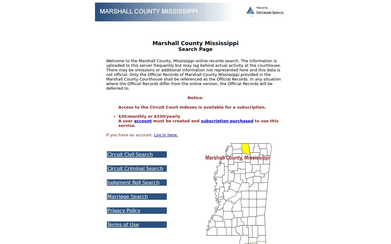 Marshall County case search Circuit subscription landing