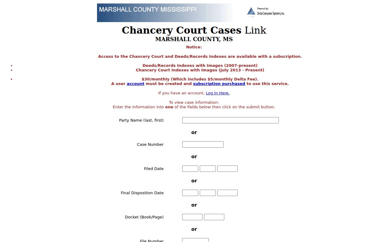 Marshall County civil court dockets Chancery and deeds search filters