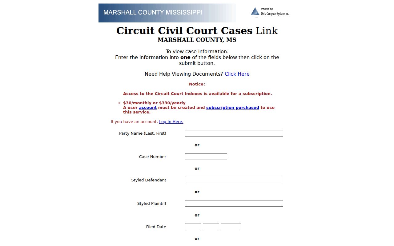 Marshall County civil court dockets Delta Circuit Civil search fields