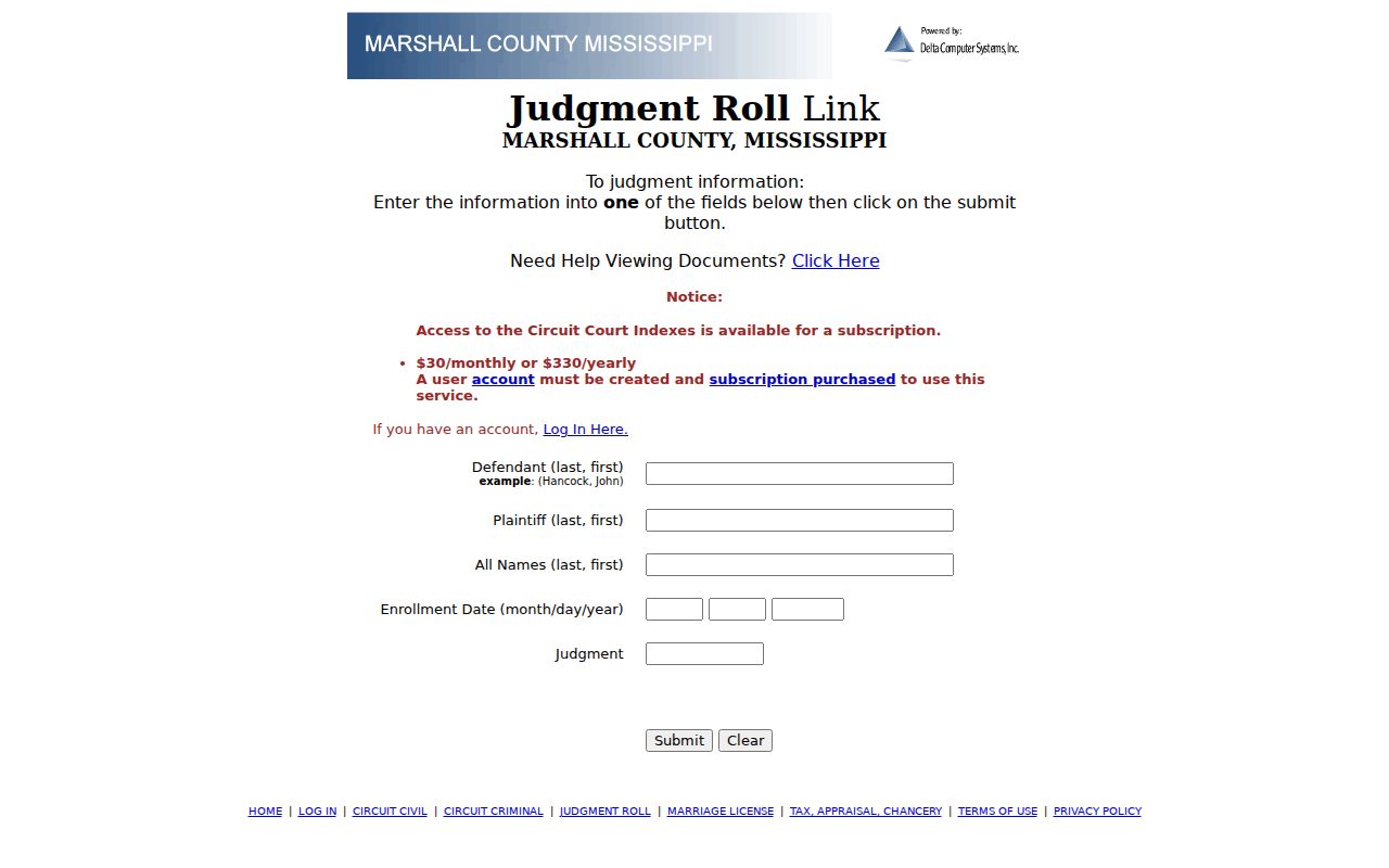 Marshall County civil court dockets judgment roll search fields