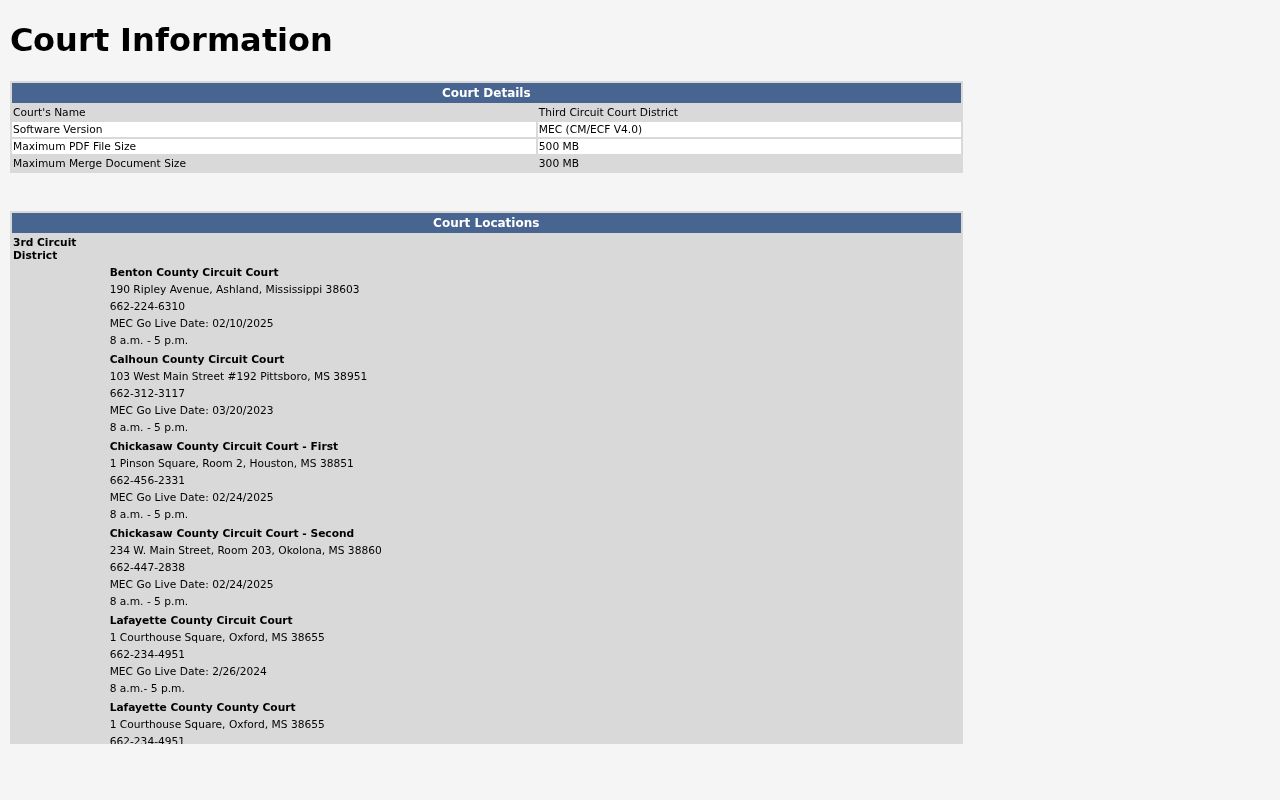 Marshall County court schedule Third Circuit MEC court information
