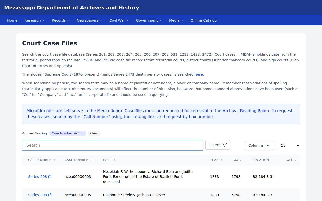 Marshall County court records MDAH historical court case catalog