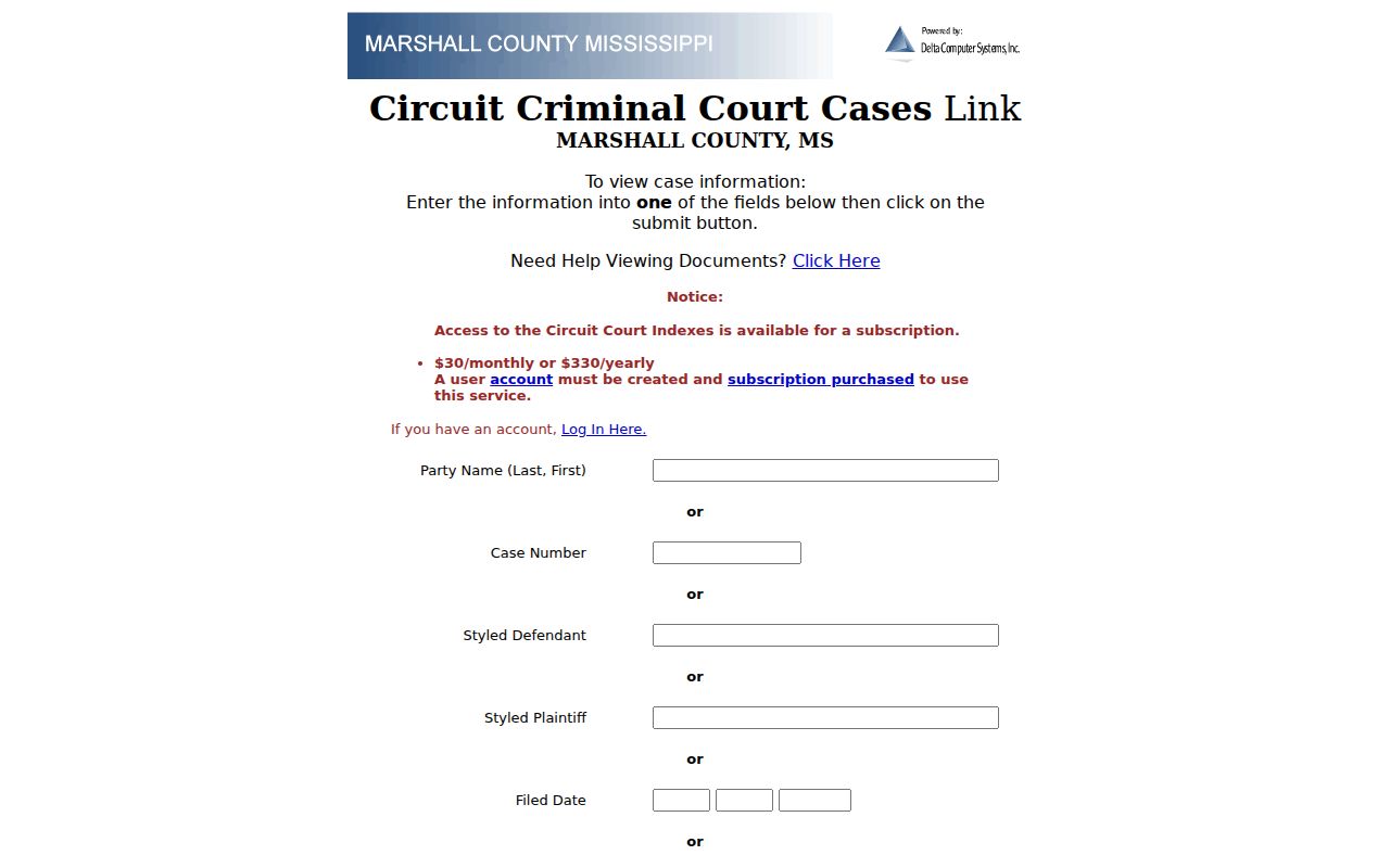 Marshall County criminal court dockets Delta search fields